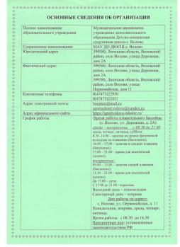 Основные сведения об организации МАУ ДО ДЮСШ с. Волово
